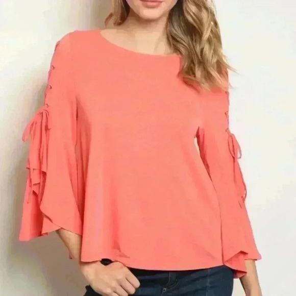 LACE UP SLEEVED CORAL BLOUSE - Picture 1 of 2